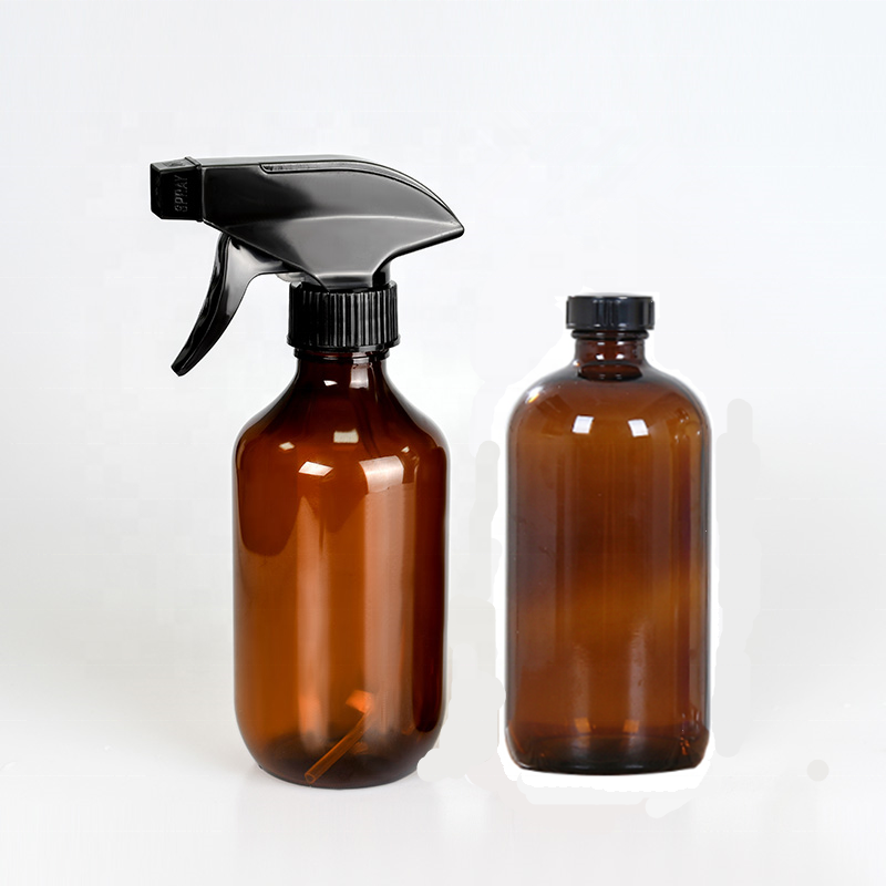 Refillable 8oz 250ml 16oz 500ml Boston Round amber glass spray bottles with 28mm black trigger spray
