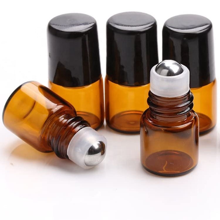Refillable Aromatherapy Essential Oil Roll On 1 ml Amber Glass Micro Mini Roll-on Glass Bottles with Metal Roller Balls