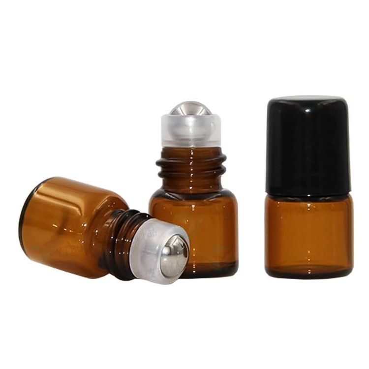 Refillable Aromatherapy Essential Oil Roll On 1 ml Amber Glass Micro Mini Roll-on Glass Bottles with Metal Roller Balls