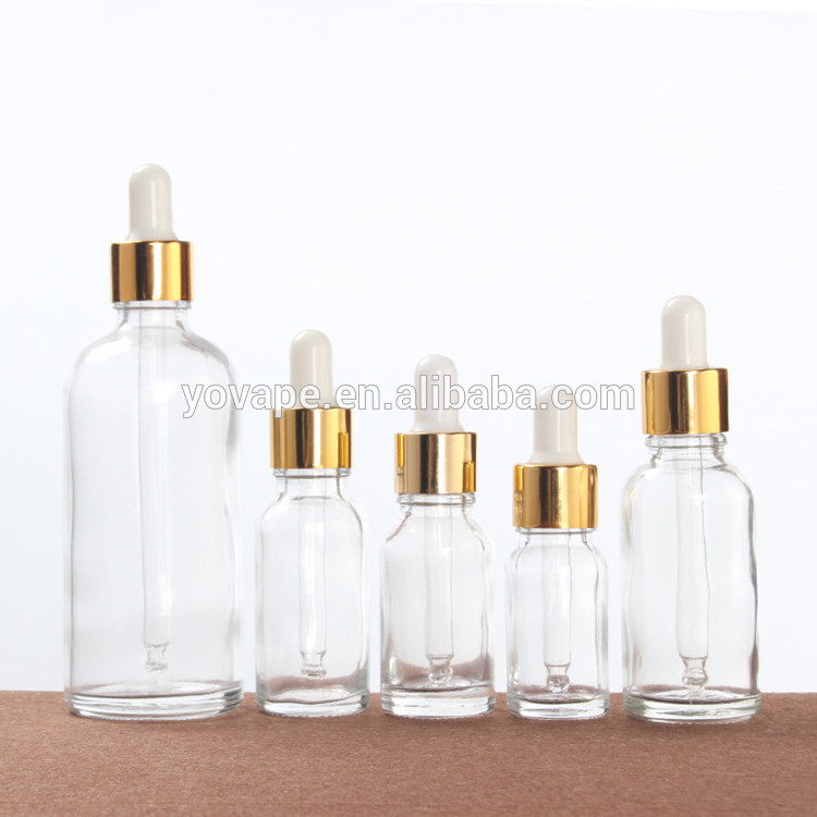 Refillable Clear Gold Glass Dropper Bottle 5ml 10ml 15ml 30ml 50ml 100ml Liquid silver cap serum/essential massage oil Pipette