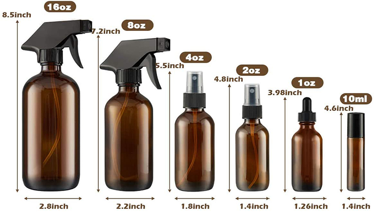 Refillable Cosmetic Containers Brown Mist & Stream Mister 16oz Amber Glass Spray Bottles//