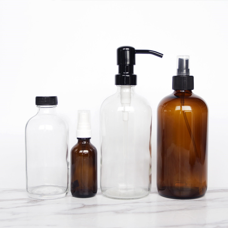 Refillable Essential Massage Oil Glass Shampoo Round Bottle With Pump 8oz 16oz 32oz