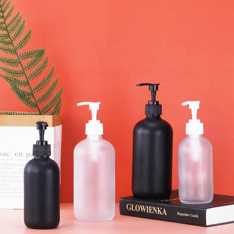 Refillable Glass Pump Bottles 16 oz 8 oz Black Glass Boston Bottles with Pumps for Essential Oils, Bath, Shampoo, Lotion