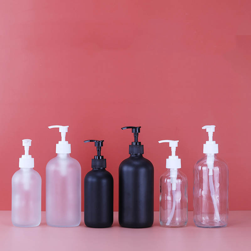 Refillable Glass Pump Bottles 16 oz 8 oz Black Glass Boston Bottles with Pumps for Essential Oils, Bath, Shampoo, Lotion