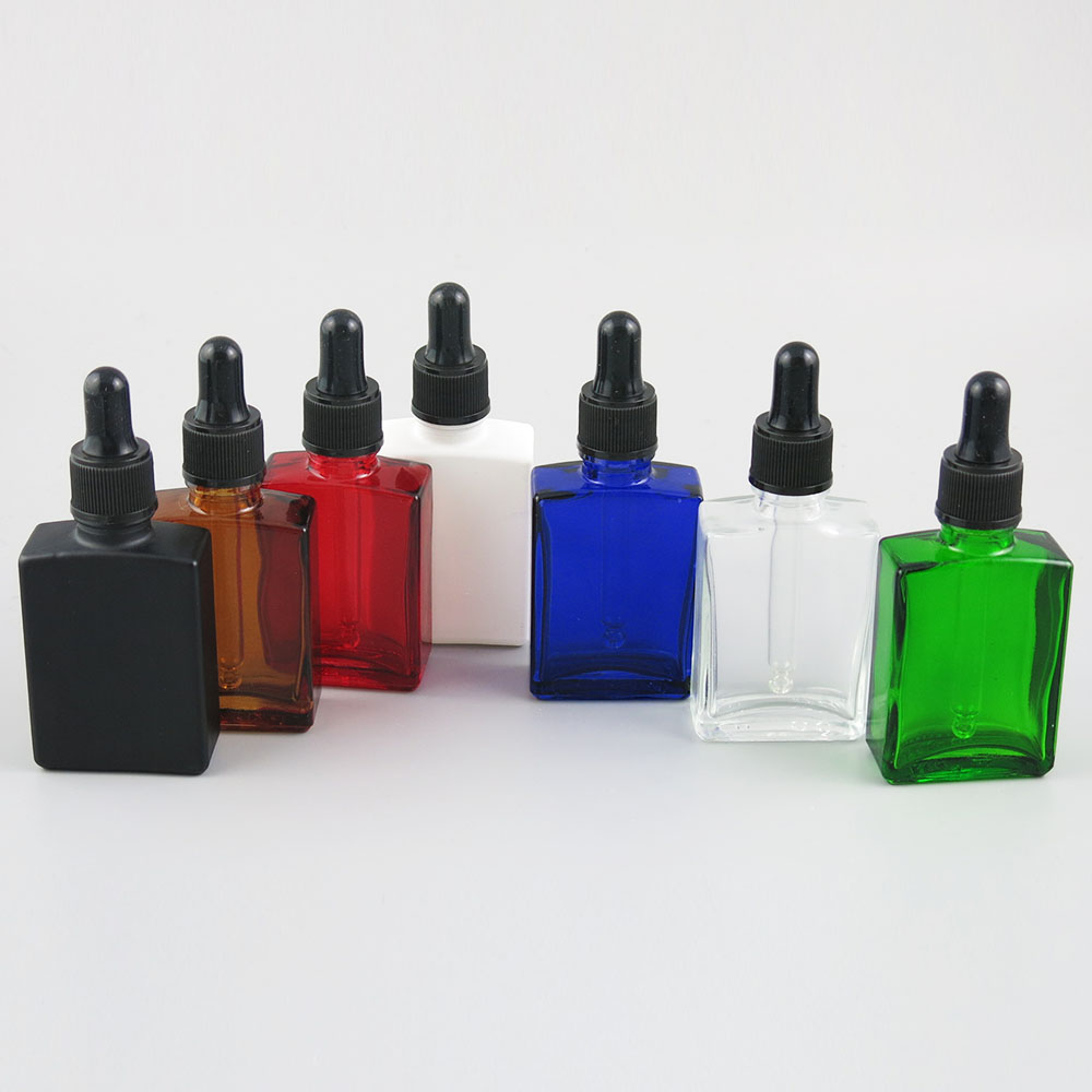 Refillable blue green clear amber red black white square glass bottle 30ml dropper pipette essential oil e liquid container