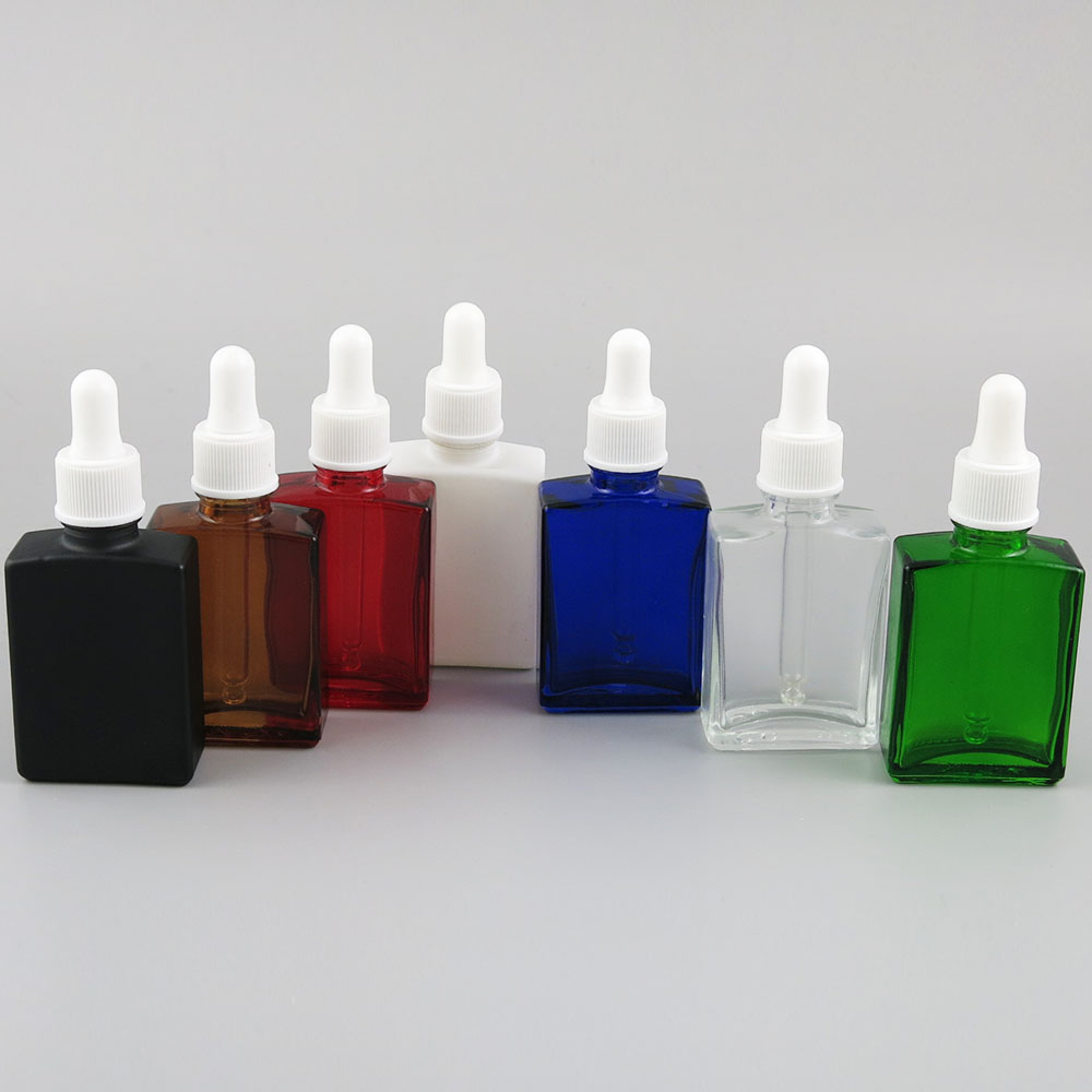Refillable blue green clear amber red black white square glass bottle 30ml dropper pipette essential oil e liquid container