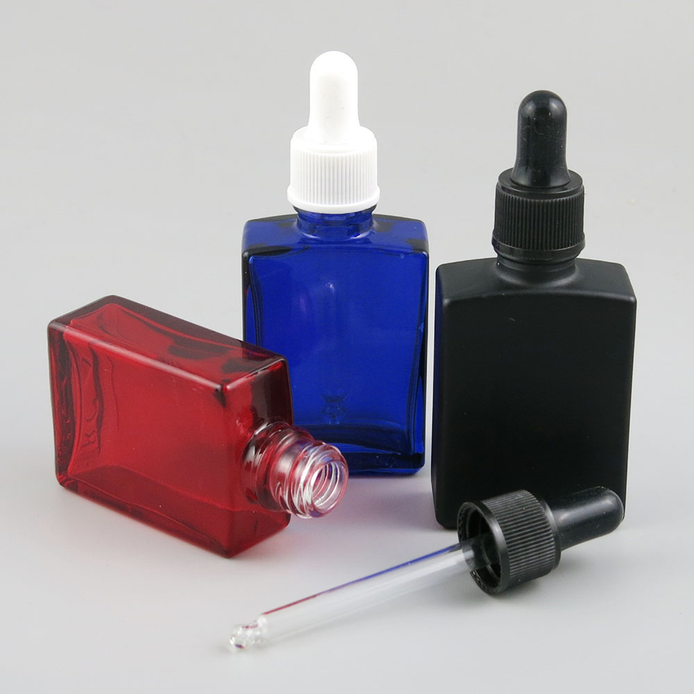 Refillable blue green clear amber red black white square glass bottle 30ml dropper pipette essential oil e liquid container