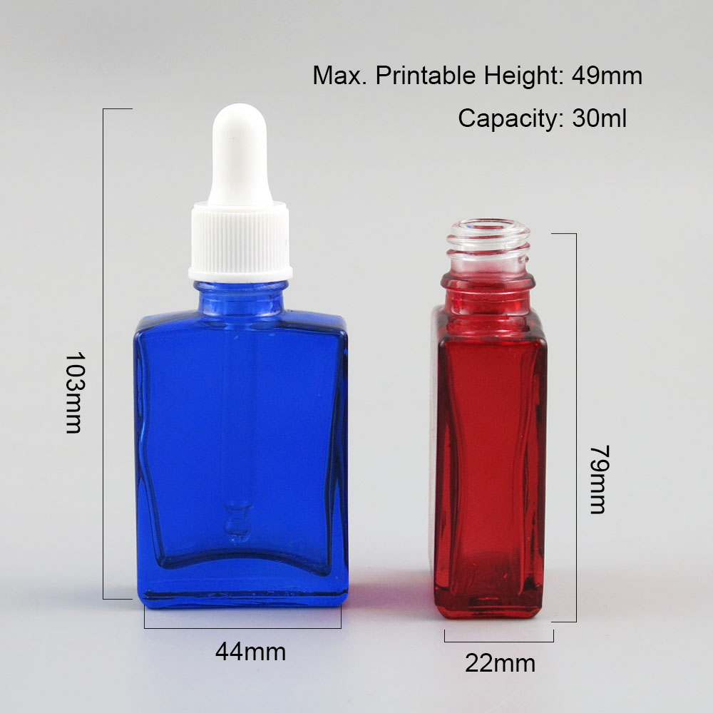 Refillable blue green clear amber red black white square glass bottle 30ml dropper pipette essential oil e liquid container
