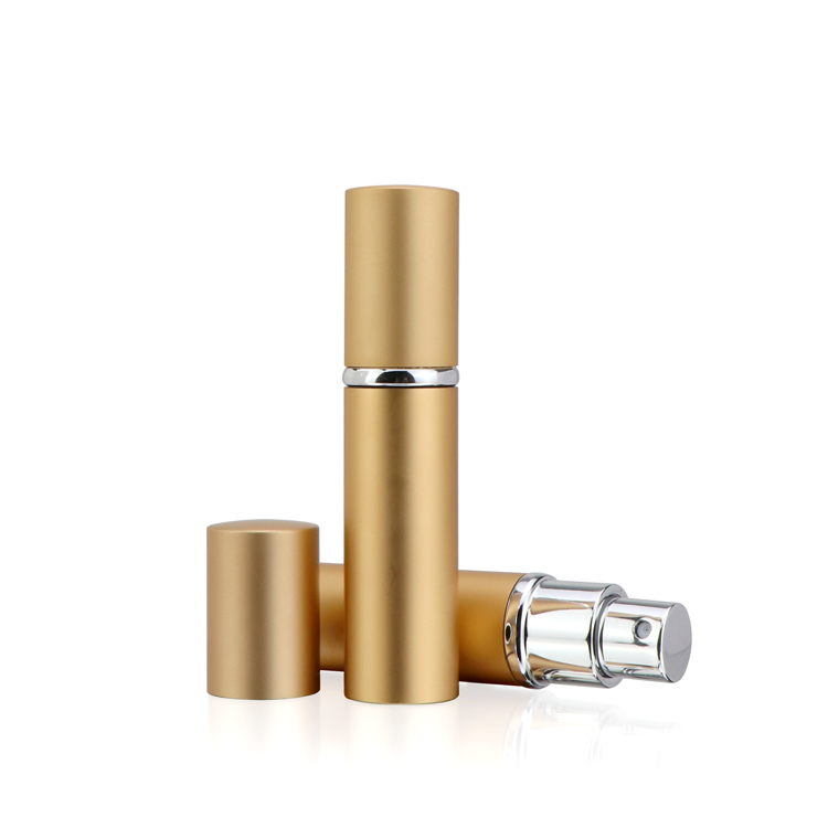 Refillable cosmetic packaging 5 10 15 ml empty dark yellow cylinder glass bottle with silver sprayer pump for perfume with caps