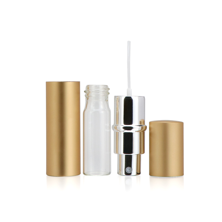 Refillable cosmetic packaging 5 10 15 ml empty dark yellow cylinder glass bottle with silver sprayer pump for perfume with caps