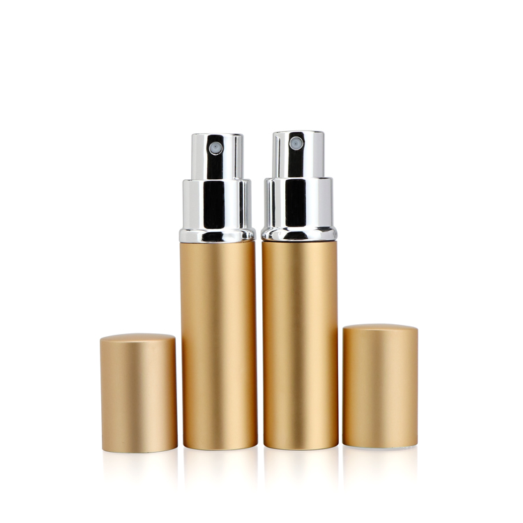 Refillable cosmetic packaging 5 10 15 ml empty dark yellow cylinder glass bottle with silver sprayer pump for perfume with caps