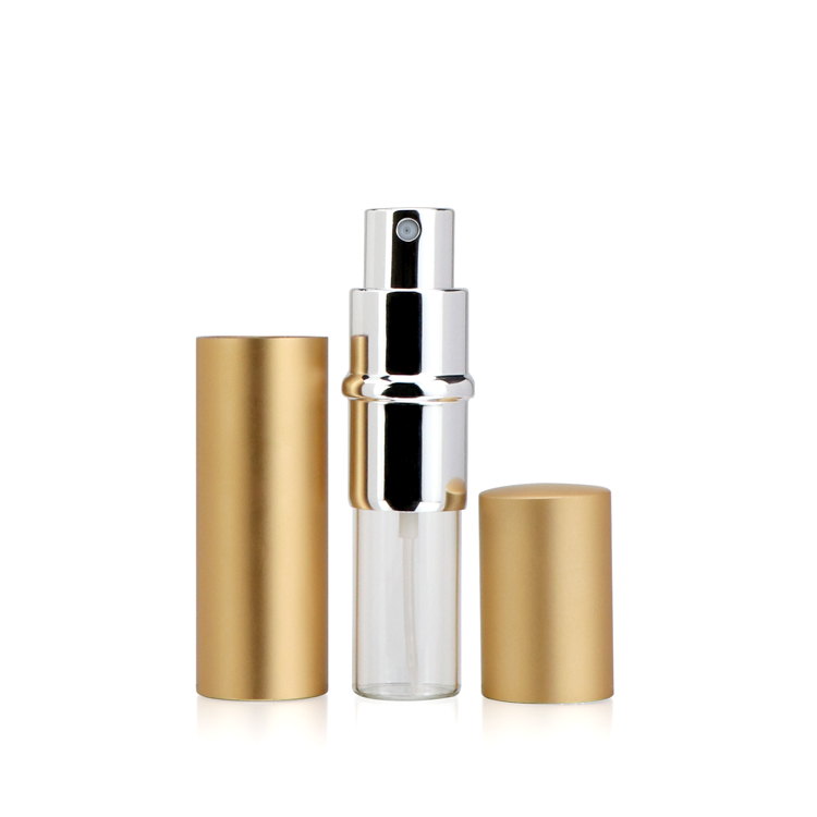 Refillable cosmetic packaging 5 10 15 ml empty dark yellow cylinder glass bottle with silver sprayer pump for perfume with caps