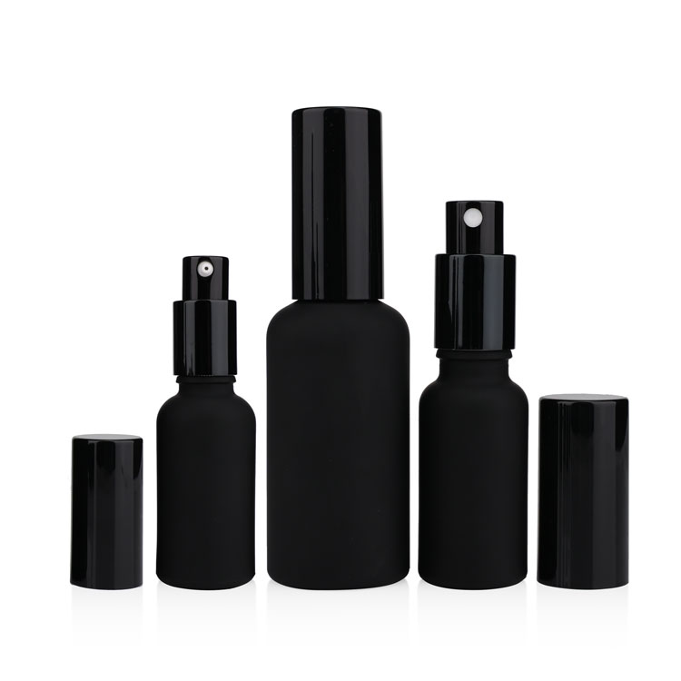 Refillable cosmetic round matte black 30ml 50ml 100ml glass perfume spray bottles with aluminum spray pump cap