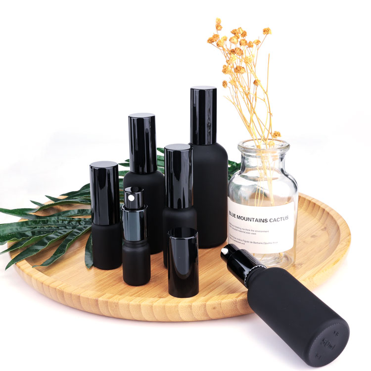 Refillable cosmetic round matte black 30ml 50ml 100ml glass perfume spray bottles with aluminum spray pump cap