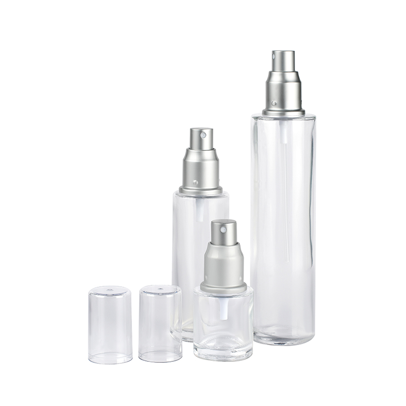 Refillable flat shoulder 20ml 30ml 40ml 50ml 60ml 80ml 100ml 120ml frosted clear glass bottle with aluminum pump sprayer