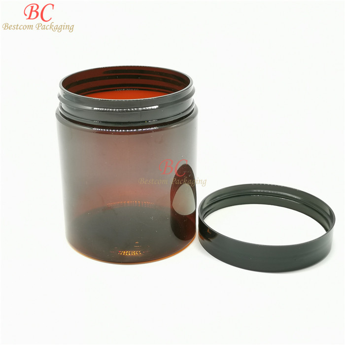 Refillable food PET 240ml Straight Sided wide mouth brown canister plastic 8oz plastic amber cosmetic jar with black lid