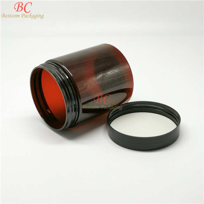 Refillable food PET 240ml Straight Sided wide mouth brown canister plastic 8oz plastic amber cosmetic jar with black lid