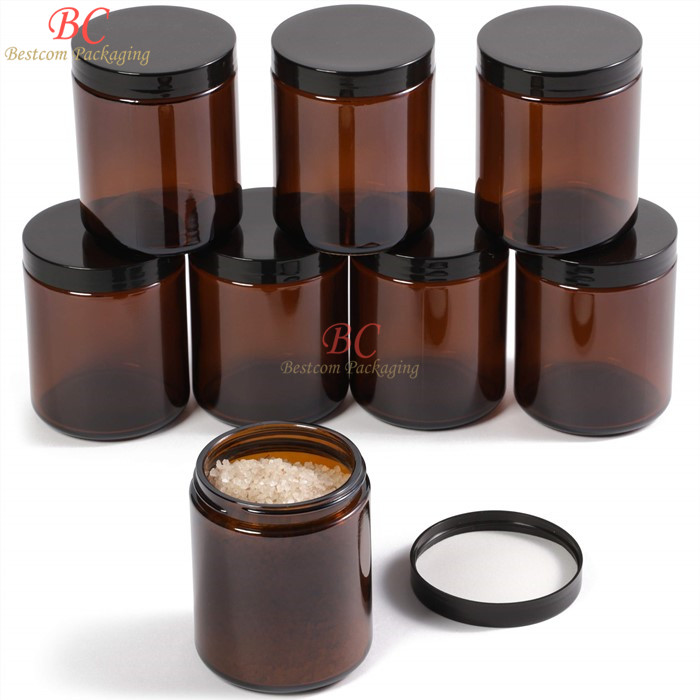 Refillable food PET 240ml Straight Sided wide mouth brown canister plastic 8oz plastic amber cosmetic jar with black lid