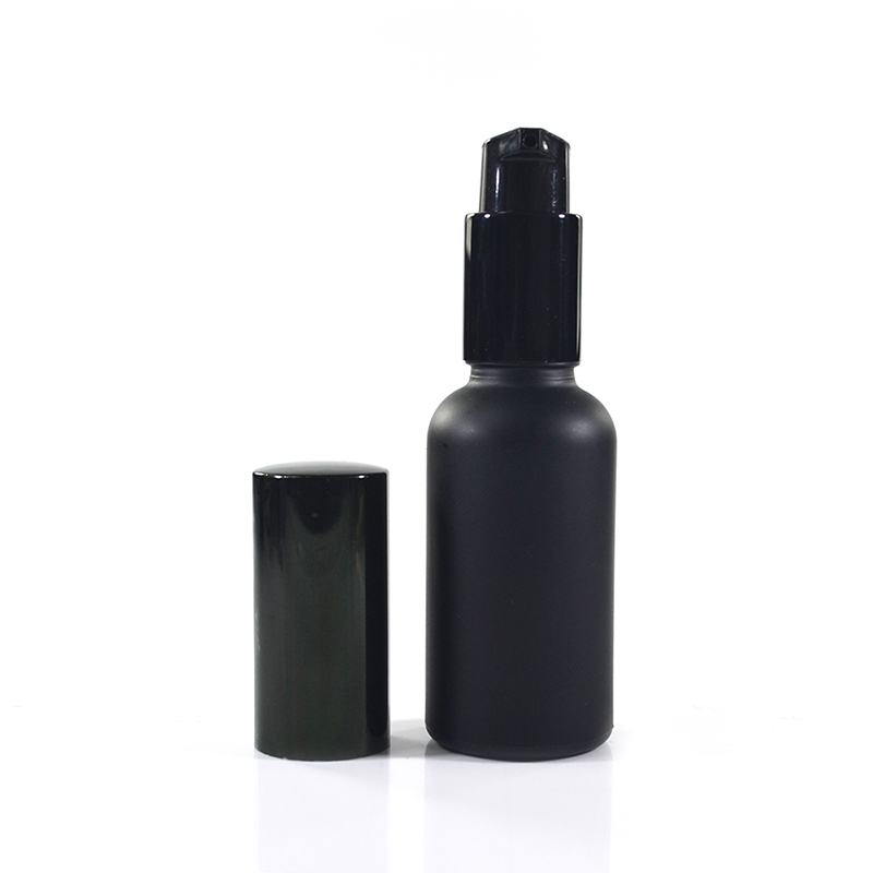 Refillable round shape 30ml 50ml 100ml matte frosted black glass serum pump sprayer lotion glass perfume bottle