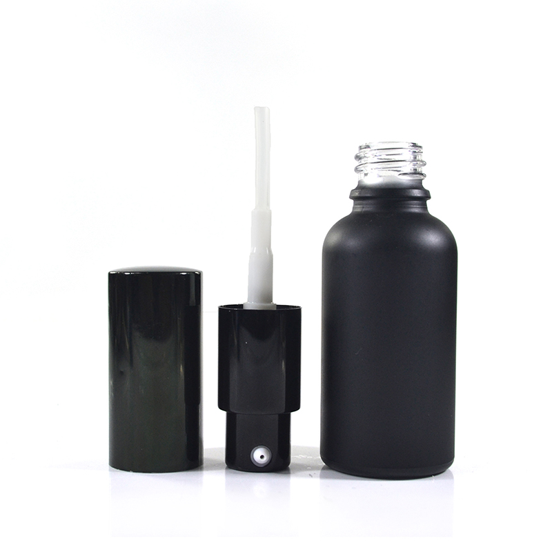 Refillable round shape 30ml 50ml 100ml matte frosted black glass serum pump sprayer lotion glass perfume bottle