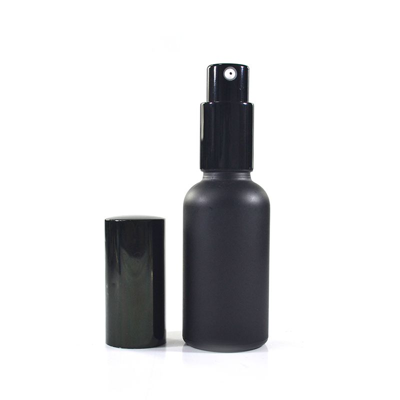 Refillable round shape 30ml 50ml 100ml matte frosted black glass serum pump sprayer lotion glass perfume bottle