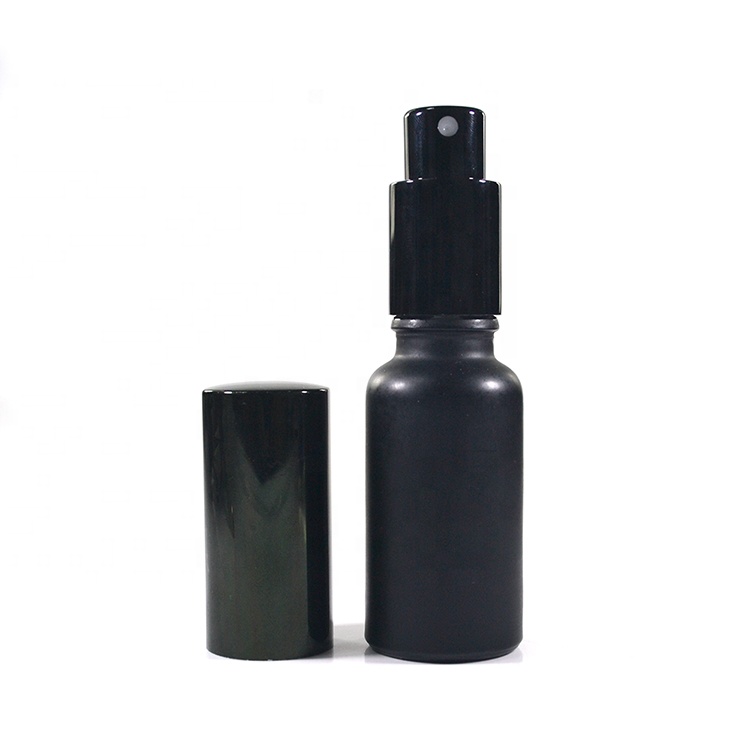 Refillable round shape 30ml matte black glass serum pump sprayer lotion glass perfume bottle with paper tube