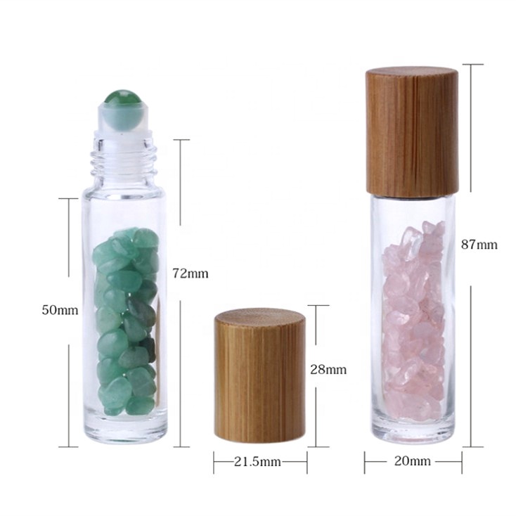 Refilling 10ml clear glass gemstone roll on empty perfume bottle with bamboo lid