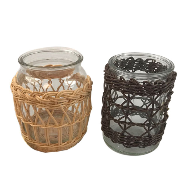 Renel Round Shape Glass Bottles with PE Rattan Frame Antiskid Glass Jars and Bottles
