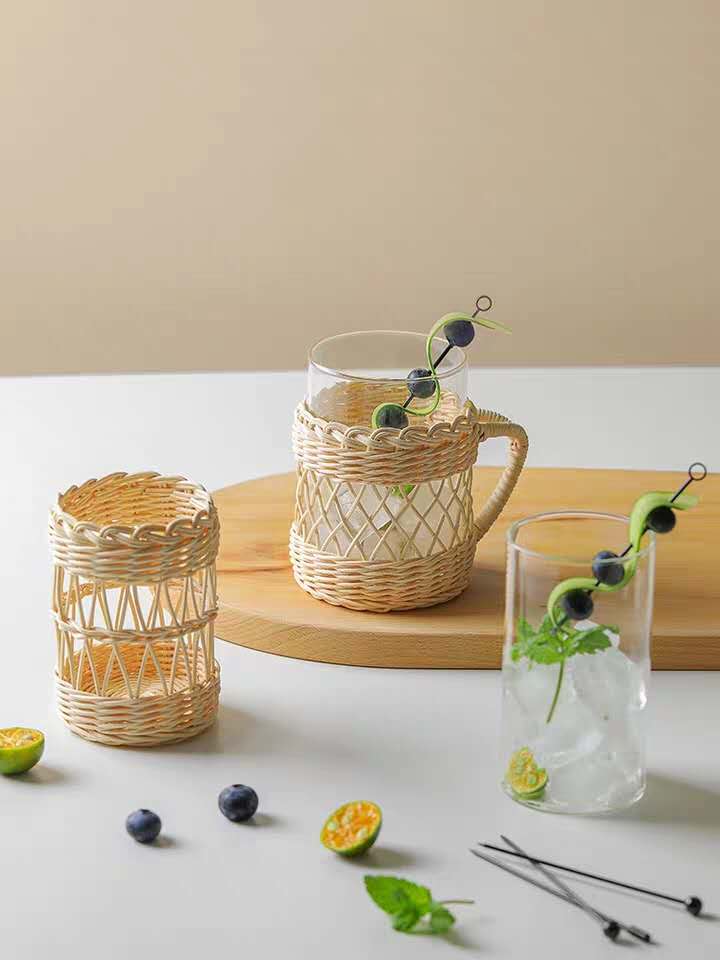 Renel Round Shape Glass Bottles with PE Rattan Frame Antiskid Glass Jars and Bottles