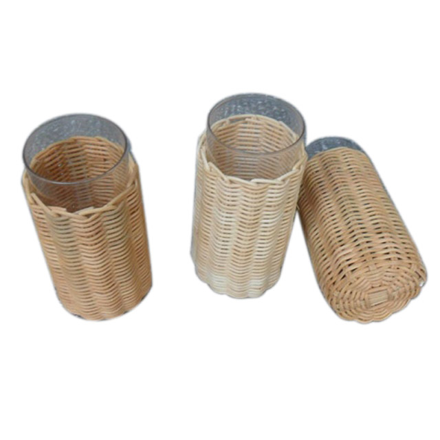 Renel Round Shape Glass Bottles with PE Rattan Frame Antiskid Glass Jars and Bottles