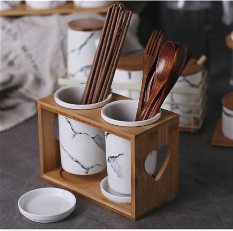 Restaurant condiment spice storage ceramic marble canister with stand and spoon