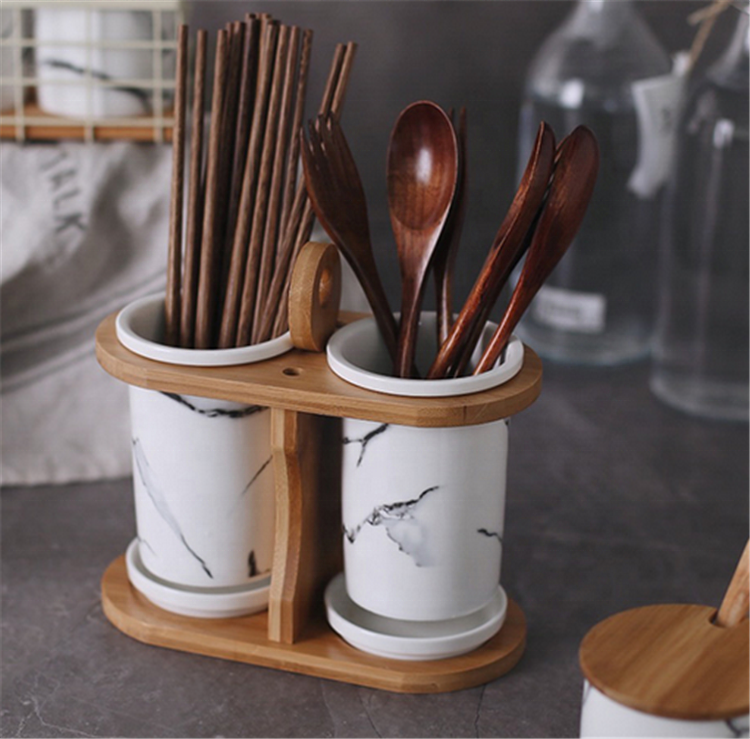 Restaurant condiment spice storage ceramic marble canister with stand and spoon