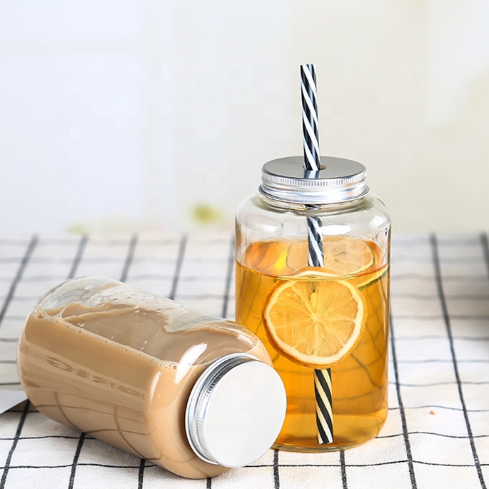 Reusable 500ml 16oz Clear or printed bubble milk tea boba cup glass mason jar with metal cap