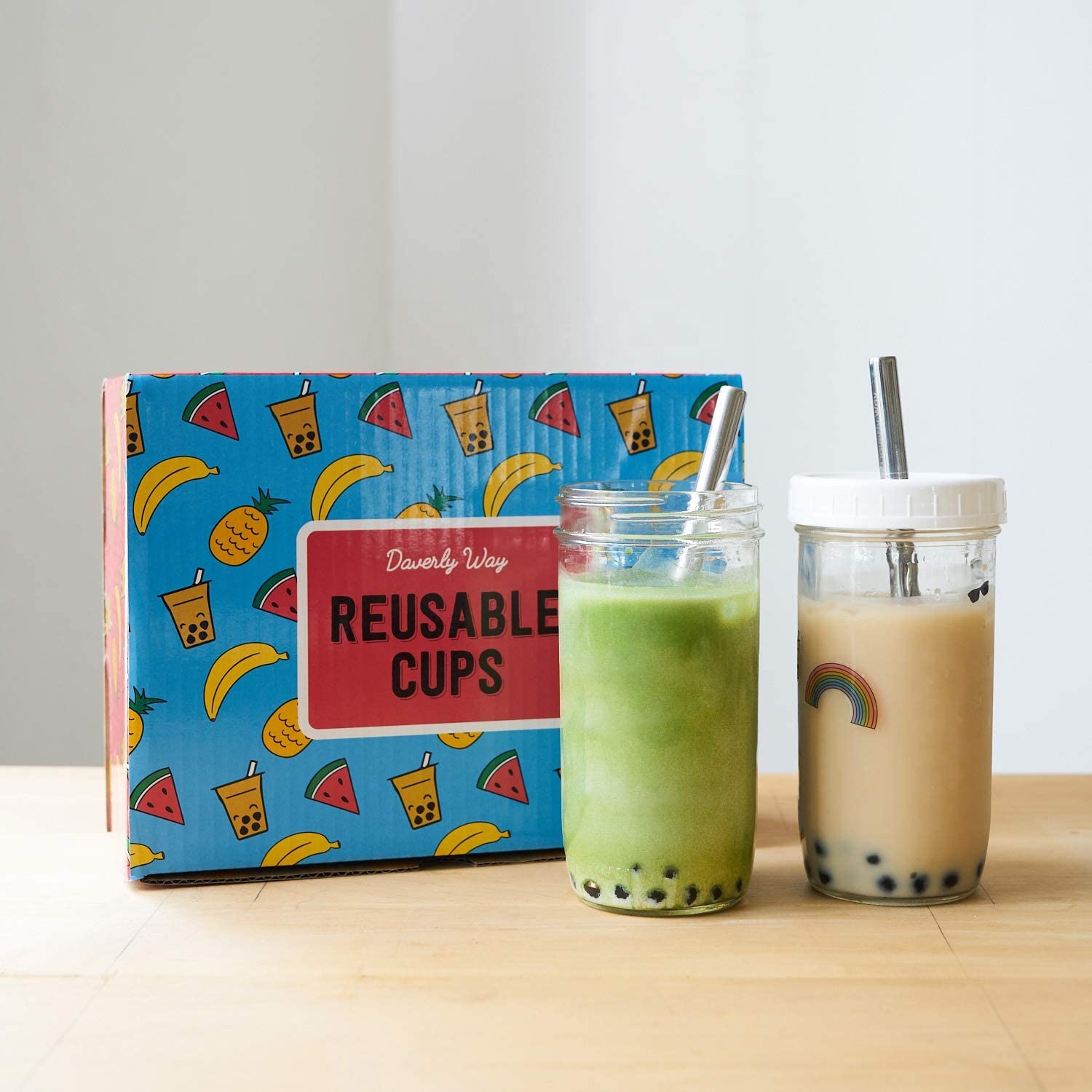Reusable Boba Cup Glass Bubble Tea Tumbler for Smoothies Milk Tea Tapioca Pearls Mason Jar Cups with Lids