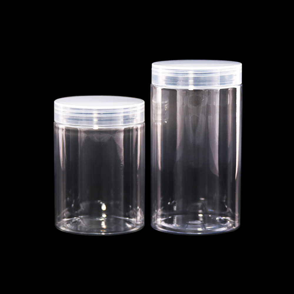 Reusable Clear Plastic Round Jars Wide Mouth Food Containers with Black Metal Lids for Candy Cookies Kitchen Supplies Storage