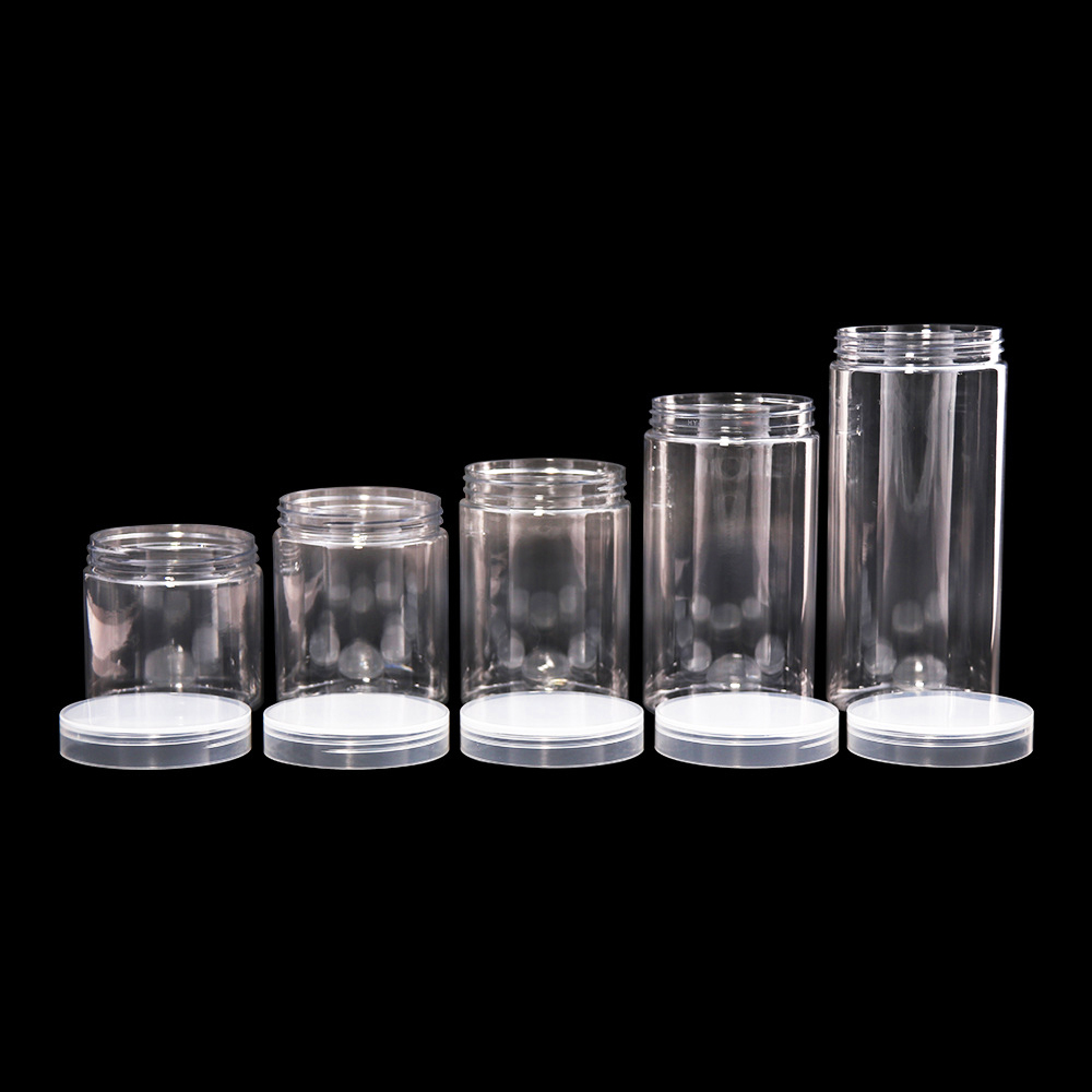 Reusable Clear Plastic Round Jars Wide Mouth Food Containers with Black Metal Lids for Candy Cookies Kitchen Supplies Storage