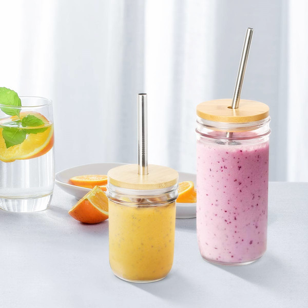 Reusable Wide Mouth 600ml Glass Bubble Tea Smoothie Mason Jar Boba Cup with Bamboo Lid and Straw
