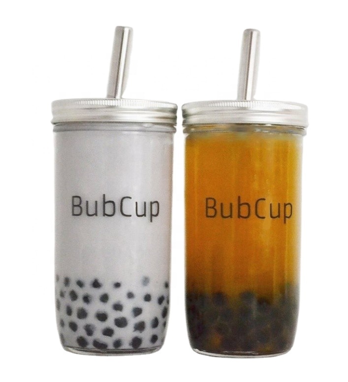 Reusable Wide Mouth 600ml Glass Bubble Tea Smoothie Mason Jar Boba Cup with Bamboo Lid and Straw