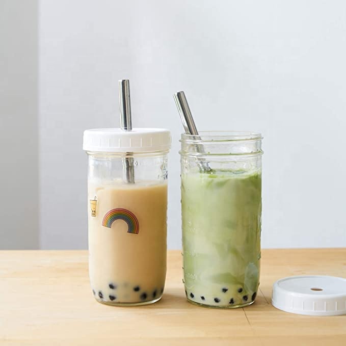 Reusable Wide Mouth 600ml Glass Bubble Tea Smoothie Mason Jar Boba Cup with Bamboo Lid and Straw