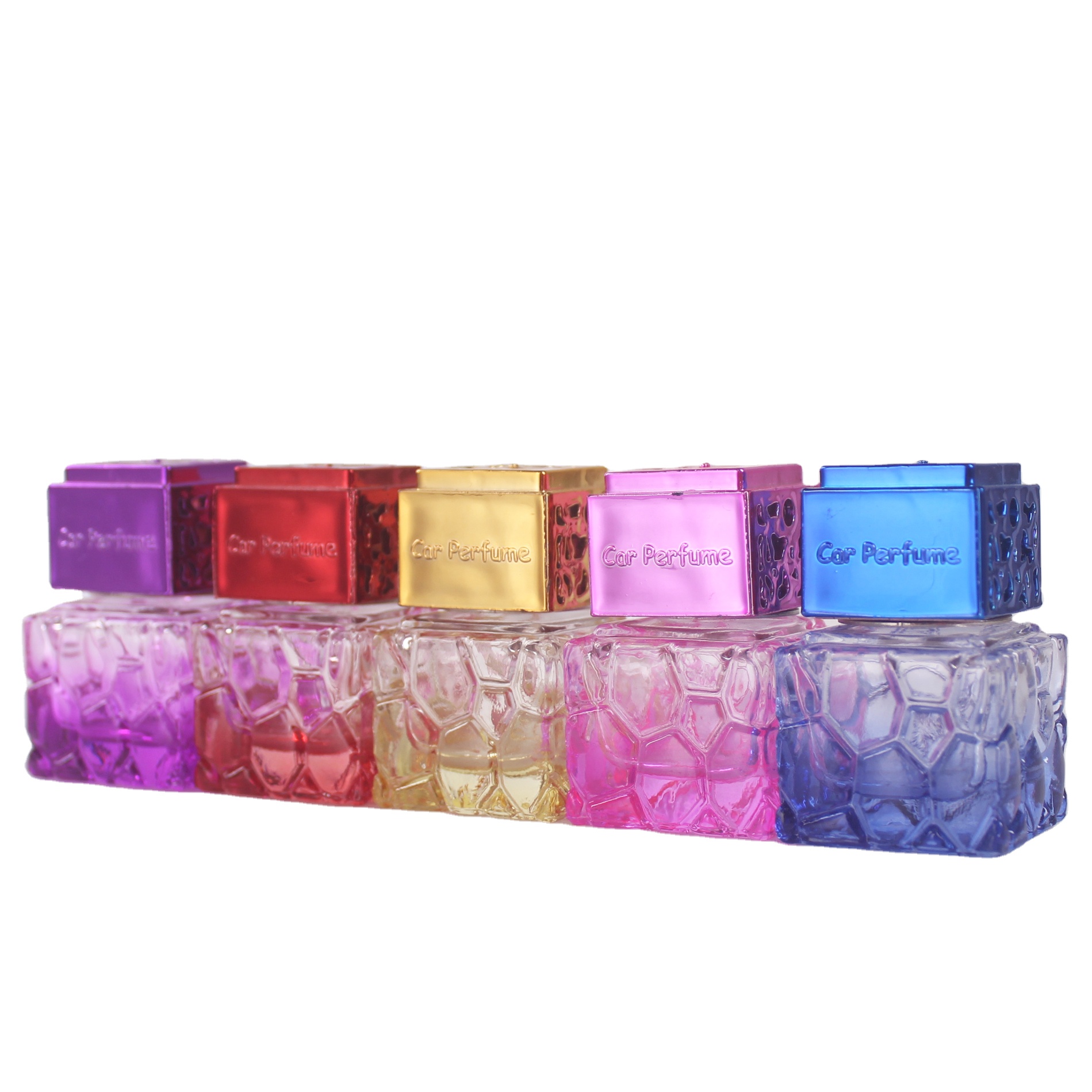 Reusable honeycomb shape tinted bottle gold blue pink fragrance car air vent aroma diffuser glass 8ml empty bottle with clip