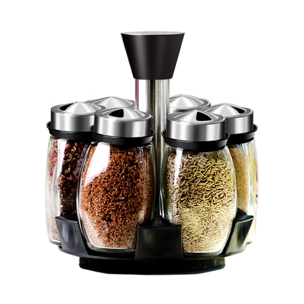 Revolving mini spice rack set with 3.5oz glass weed spice jars and stainless steel lids