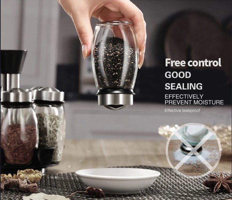 Revolving mini spice rack set with 3.5oz glass weed spice jars and stainless steel lids