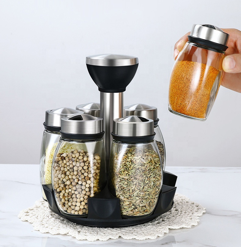 Revolving mini spice rack set with 3.5oz glass weed spice jars and stainless steel lids