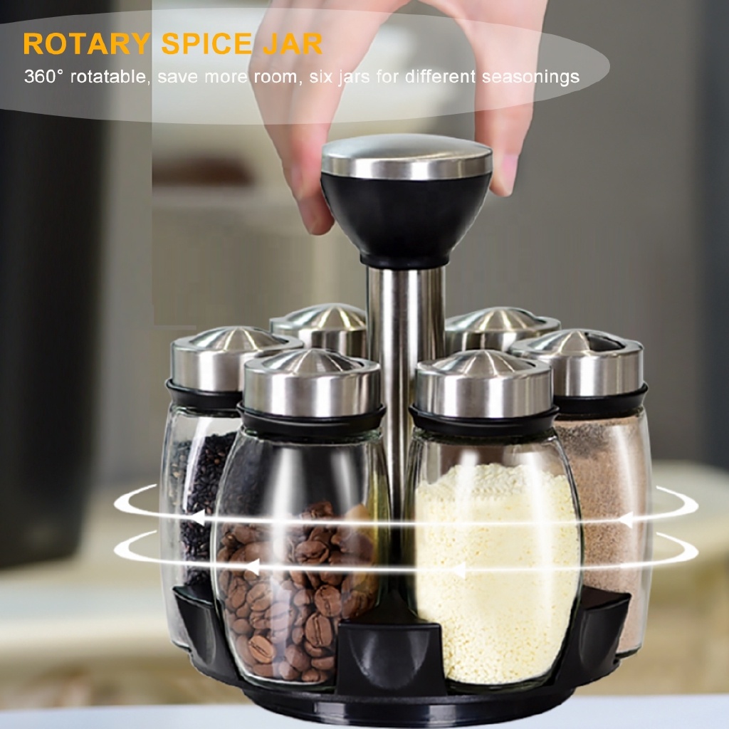 Revolving mini spice rack set with 3.5oz glass weed spice jars and stainless steel lids