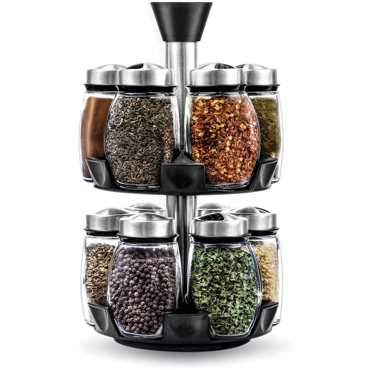 Revolving spice rack set 3.5oz glass spice jars with stainless steel lids and rotating stand