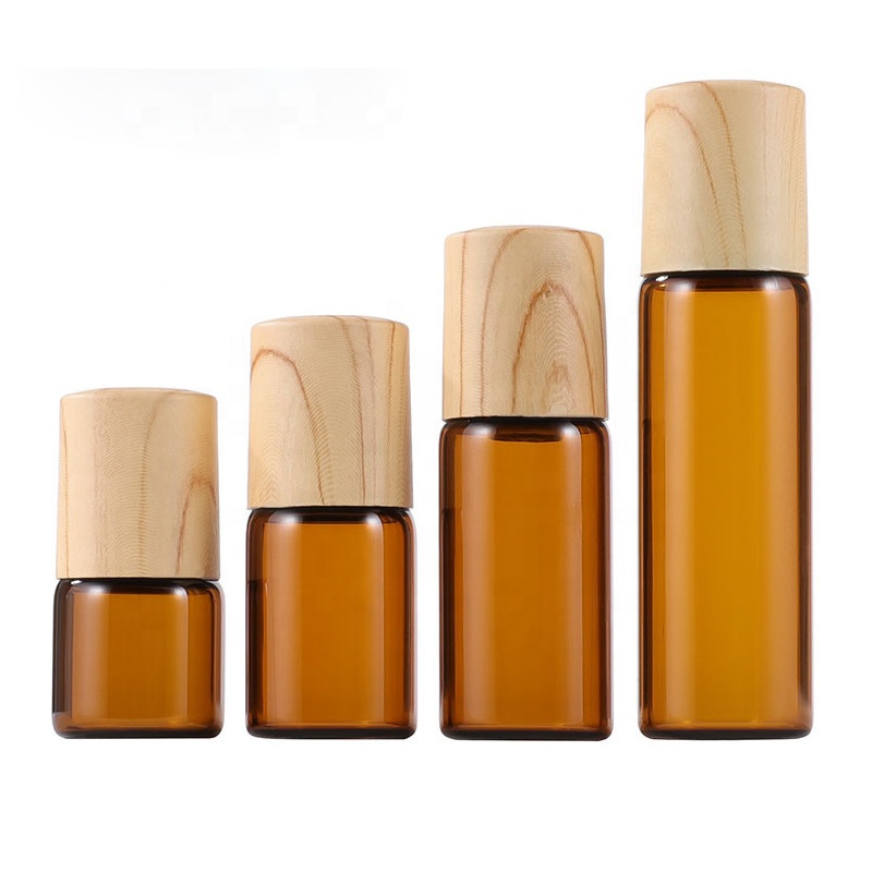 Roller ball cosmetic 1ml 2ml 3ml 5ml amber mini essential oil glass roll on bottle with plastic wood screw lid