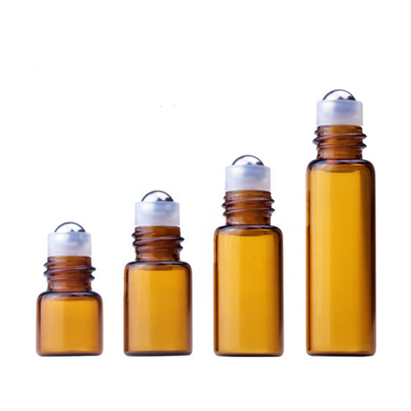 Roller ball cosmetic 1ml 2ml 3ml 5ml amber mini essential oil glass roll on bottle with plastic wood screw lid