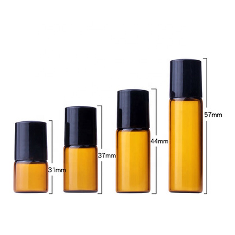 Roller ball cosmetic 1ml 2ml 3ml 5ml amber mini essential oil glass roll on bottle with plastic wood screw lid