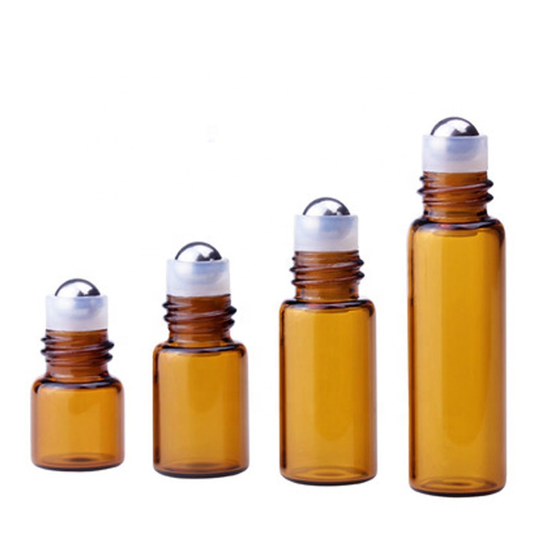 Roller ball cosmetic 1ml 2ml 3ml 5ml amber mini essential oil glass roll on bottle with plastic wood screw lid
