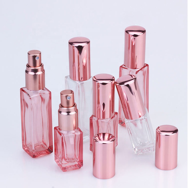 Rose gold color square cosmetic 3ml 10ml mini perfume pink glass sprayer bottle with aluminum atomizer lid